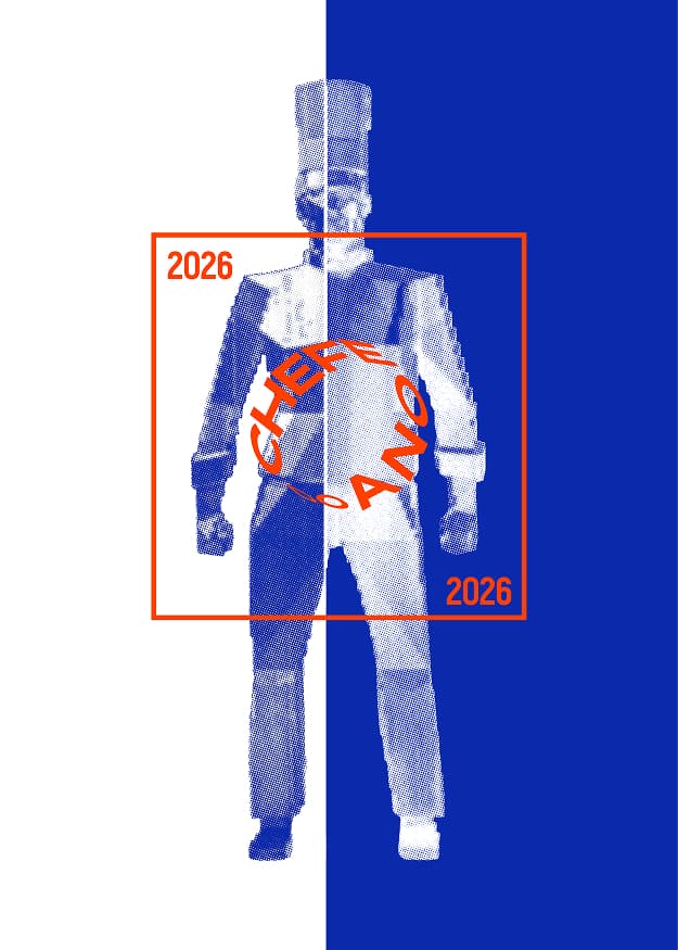 Direction 1, Duality of Mastery: a chef in full whites standing front-on, reproduced as a coarse halftone and split down the vertical centre — the left half of the sheet white, the right half deep azulejo blue, the figure reversing out of each. A thin orange rectangle frames the torso, with 2026 set at its top-left and bottom-right corners and the circular CHEFE DO ANO seal across the chest.