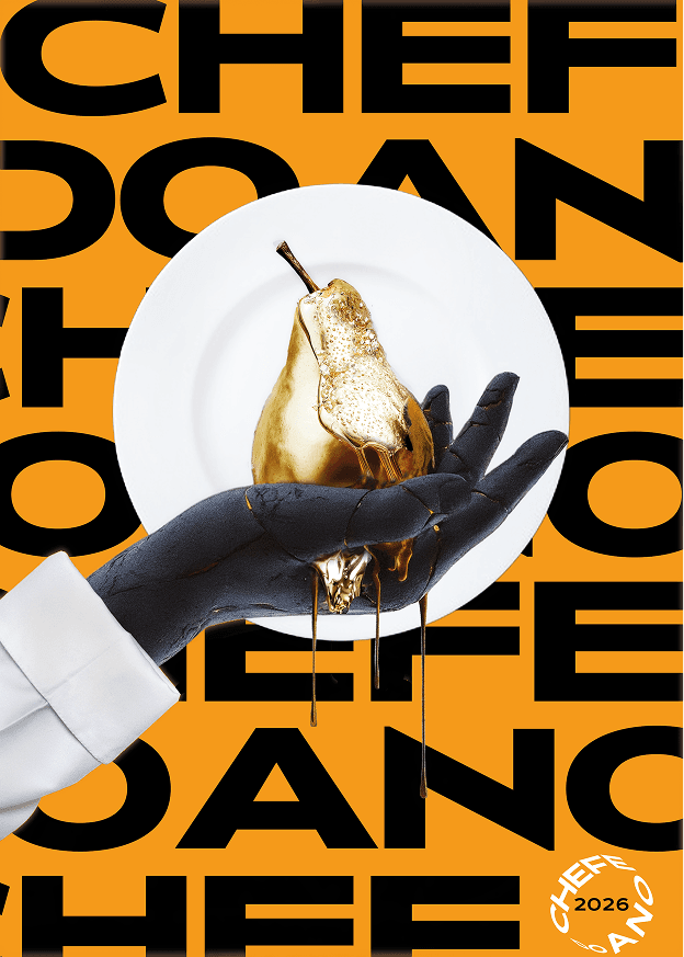 Direction 2, Alchemy of Taste: a black-gloved hand in a white chef's sleeve holds a gilded pear over a white plate, gold running off it in long threads, against an amber field of the words CHEFE DO ANO repeated in heavy black capitals and cropped by every edge of the sheet. The circular seal sits in the bottom-right corner with the year.