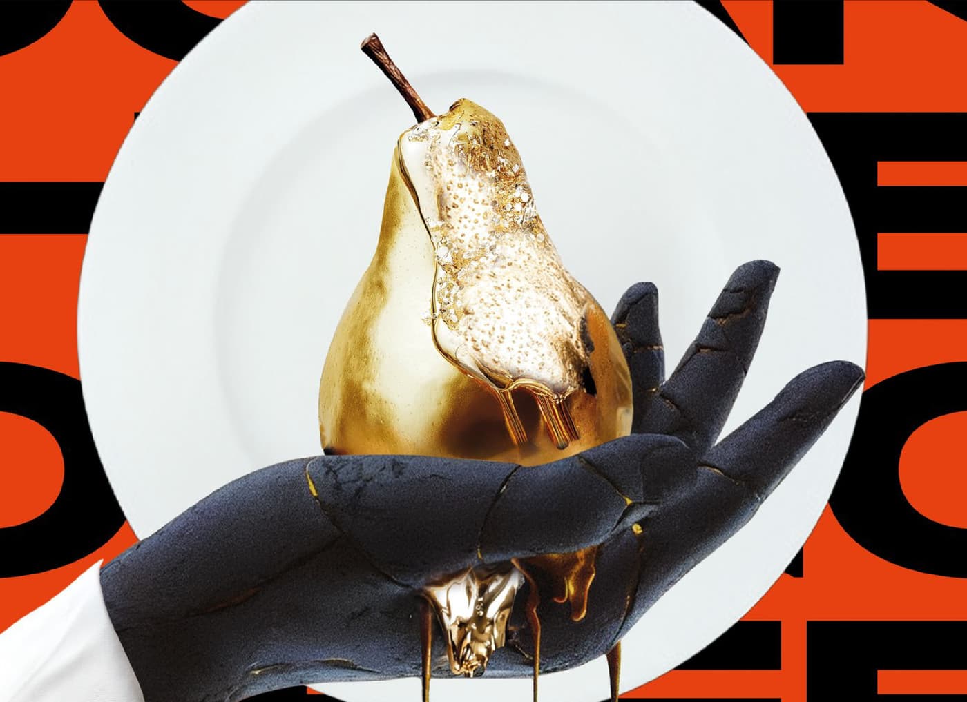 The hero object: a hand in a black glove and a white chef's sleeve holds a gilded pear over a white plate, against the orange type field. Studio-lit, with no environment behind it.