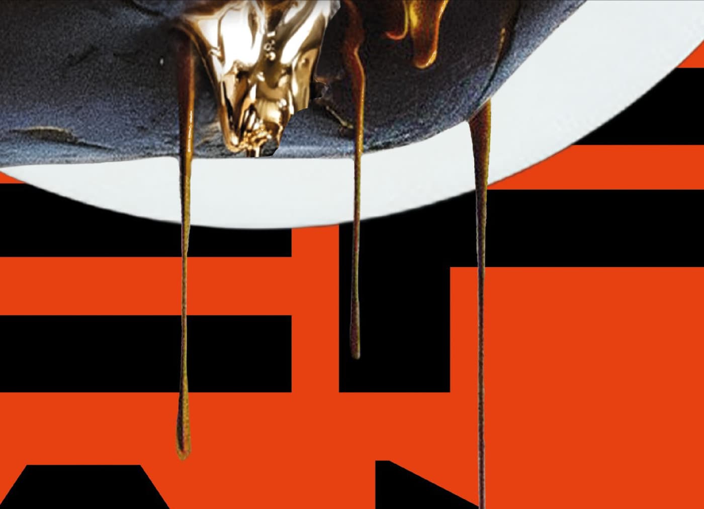 A detail of the same shot, cropped close: molten gold runs off the pear and over the glove, then falls past the rim of the plate in long threads.