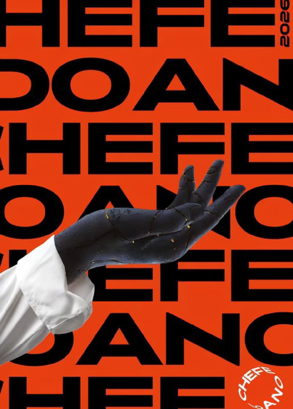 Motion beat one: the gloved hand and white sleeve are open in the orange type field with nothing resting on them yet.