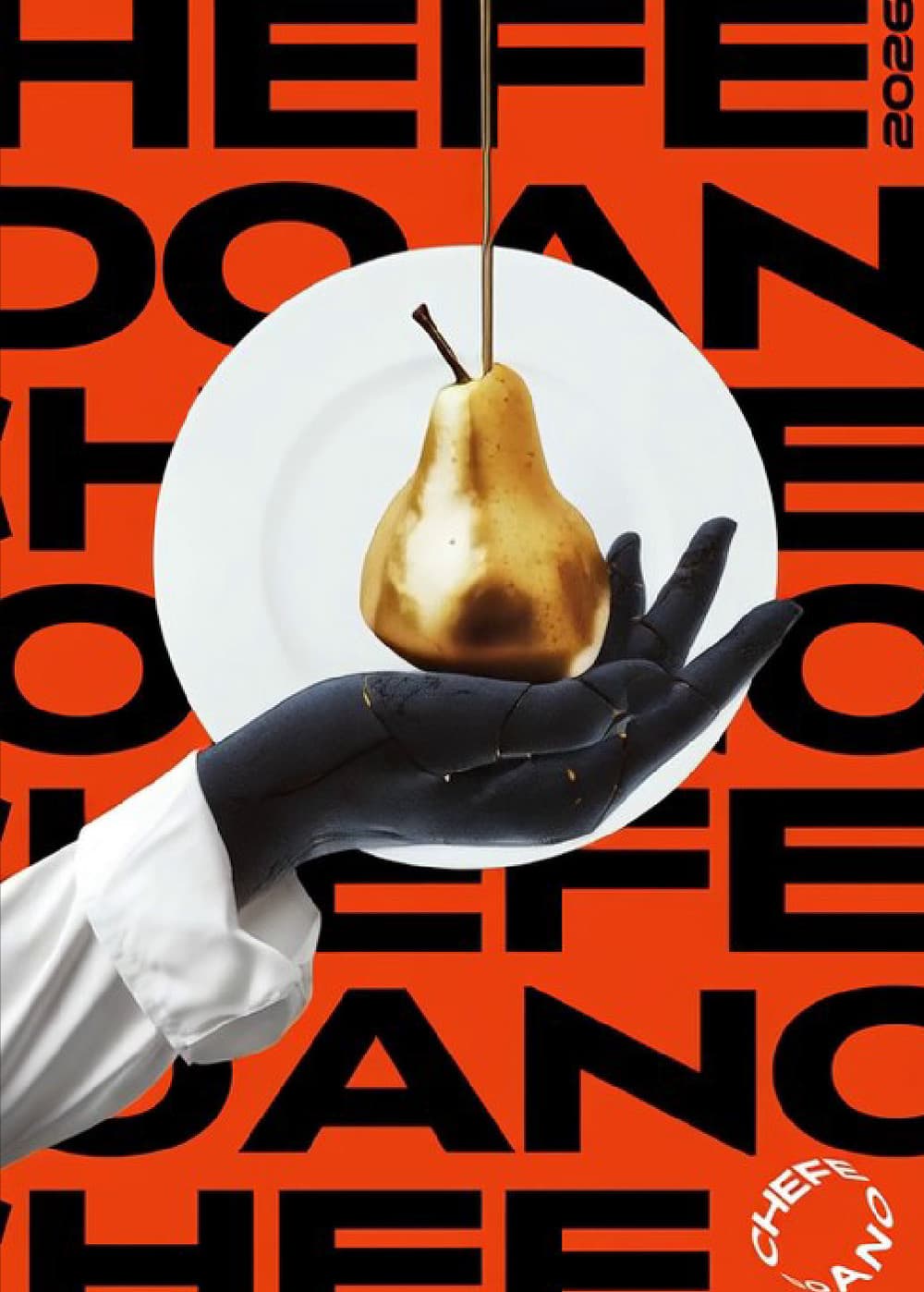 Motion beat two: the white plate has arrived on the hand and the gilded pear has come down onto it, still clean, with no gold running yet.