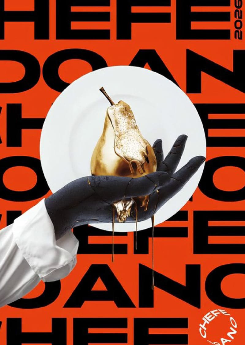 The five-second campaign animation: the plate slides in on the open gloved hand, the gilded pear descends onto it, gold pours from the stem and falls in long threads, and the clip settles on the key visual. The orange type field behind never moves.