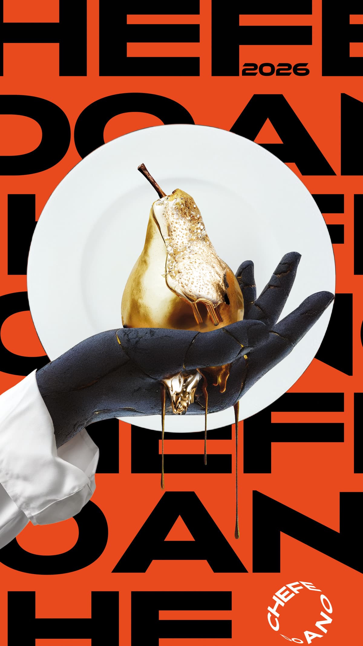 The vertical story crop: the tallest format, the type field running the full height with the plate and pear centred in it and the seal at the bottom right.