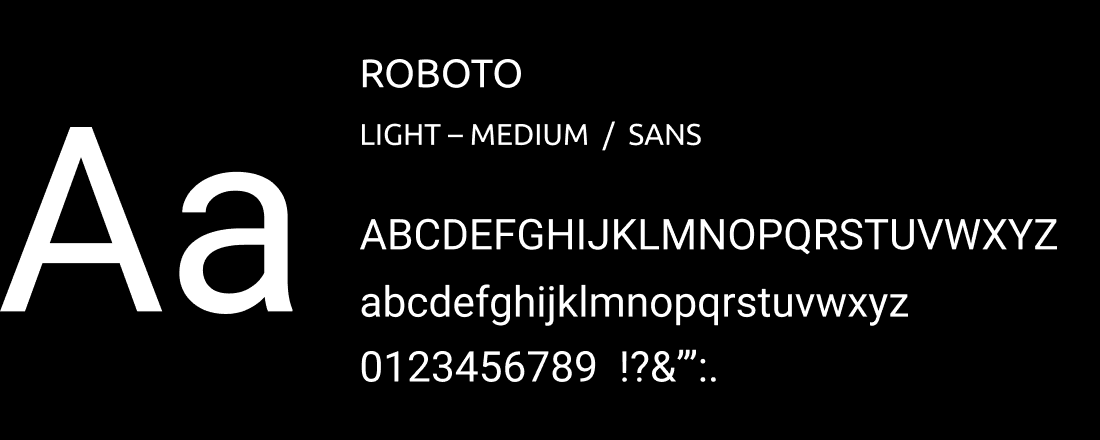 Roboto specimen: a large Aa beside the name, the weight, the capital and lower-case alphabets and the numerals.