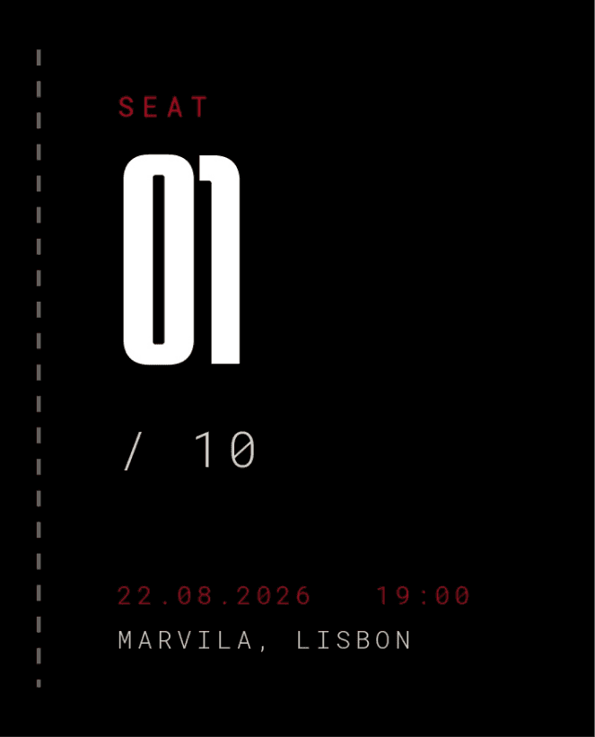 The torn-off stub alone: SEAT set small above 01 at display size, / 10 beneath it, and the date, time and place in monospaced red at the foot.