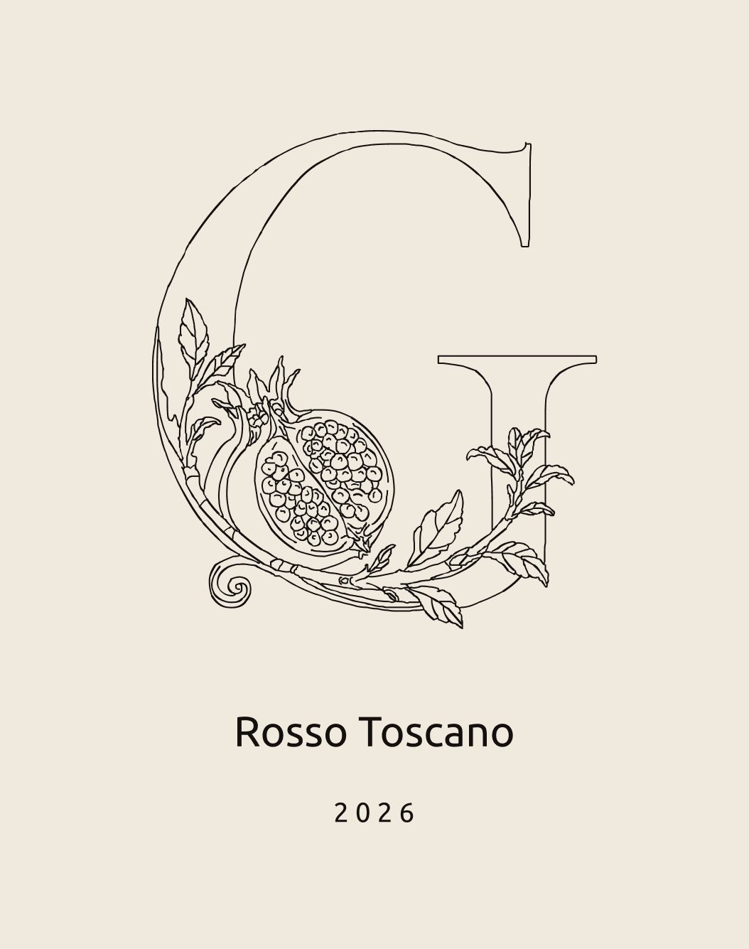 A wine label: the drawn G with its pomegranate and vine over Rosso Toscano, the year letter-spaced beneath it.