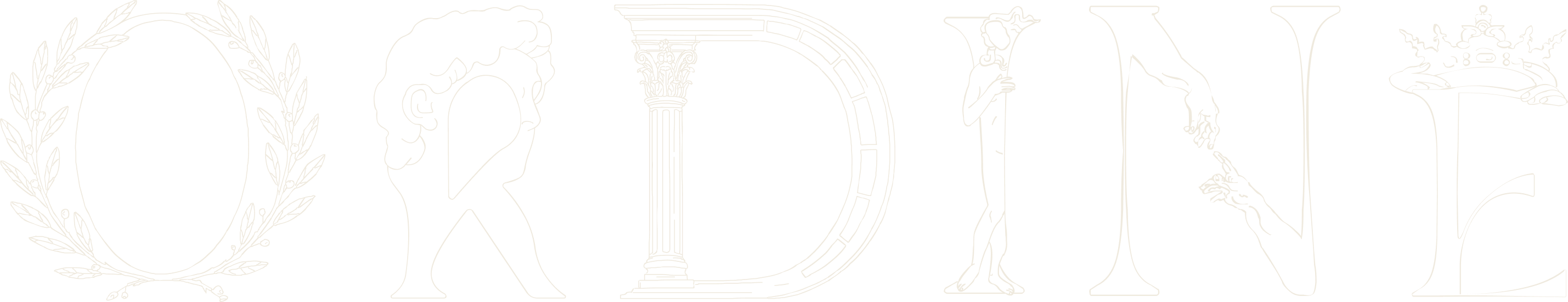 ORDINE set on one line in the drawn capitals, hand-spaced: the laurel O, David's R, the column D, the standing figure I, the two hands N and the crowned E.