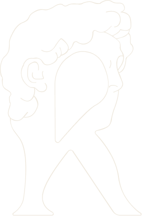 The R drawn as an initial six lines deep: David's head and shoulders filling the bowl, the leg carrying the tail down past the baseline.
