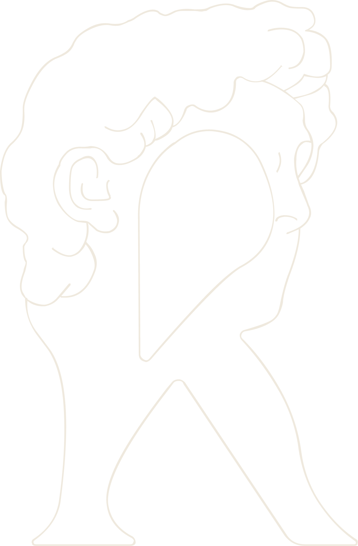 The R standing alone at full height, drawn in a single hairline: Michelangelo's David seen from behind, the curls and shoulders closing the bowl and the braced leg carrying the diagonal tail.