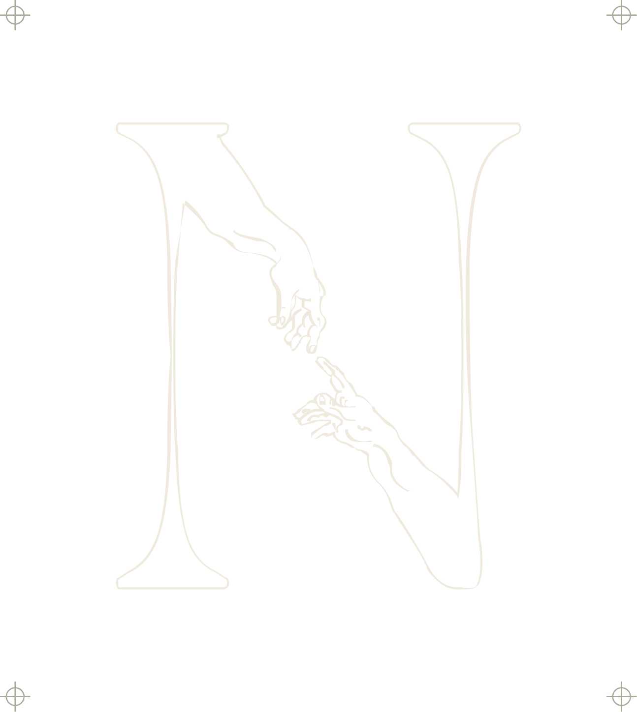 The screen positive at 1:1: the drawn N on film, the two hands running down the diagonal, with a registration cross at each of the four corners.