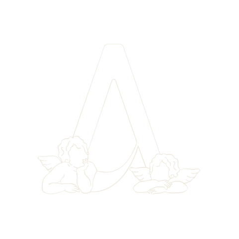 The finished A: the two putti sit in the feet of the letter, one under each stroke, their wings folding up into the apex.