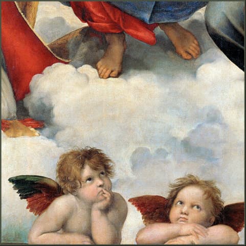 Raphael's Sistine Madonna, cropped to the foot of the picture: the two winged putti leaning on the ledge under a bank of cloud.