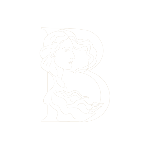 The finished B: the head and raised arm fill the upper bowl, the fall of hair sweeps through the lower one.