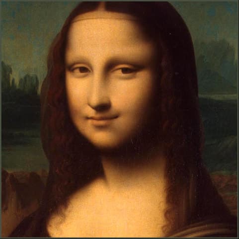 Leonardo's Mona Lisa, cropped to the head and shoulders, the veil lying over the hair.
