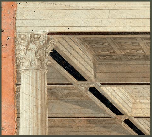 A painted architectural detail: a Corinthian capital on a fluted column carrying a coffered vault seen in sharp perspective.