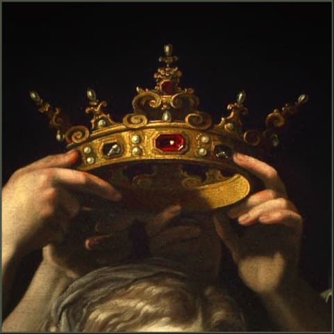 A jewelled gold crown held in two hands above a head, photographed from slightly below.