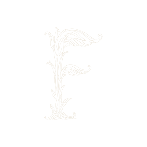 The finished F: the acanthus climbs the stem from the root and the outer petal opens across the upper arm like a wing.