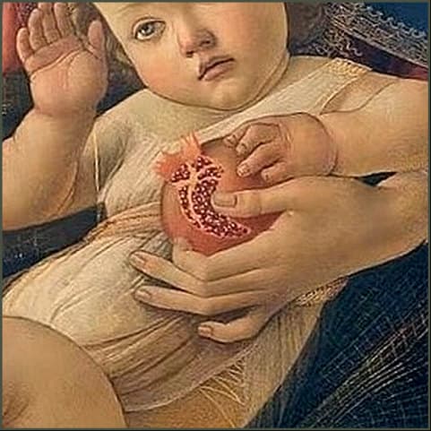 A painted detail: the child's hands closed around a split pomegranate, the seeds showing.
