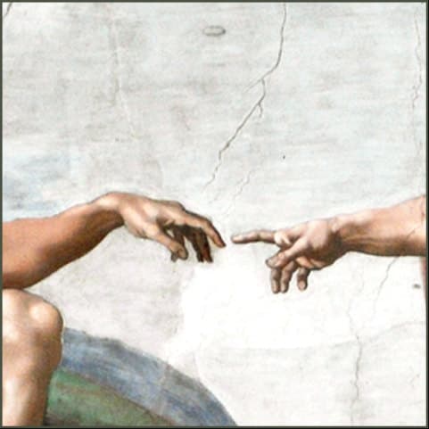Michelangelo's Creation of Adam, cropped to the two hands reaching towards each other across the gap.