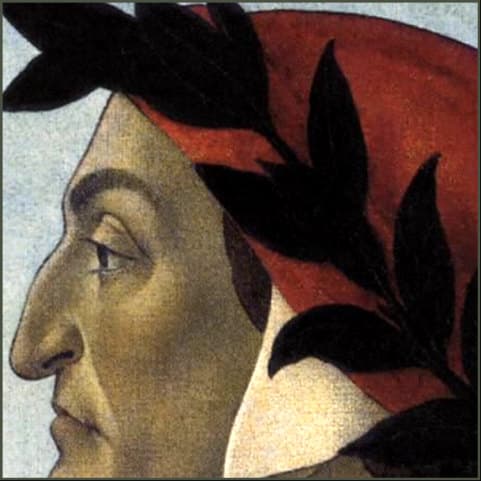 Botticelli's portrait of Dante in profile, the laurel wreath lying over the red hood.