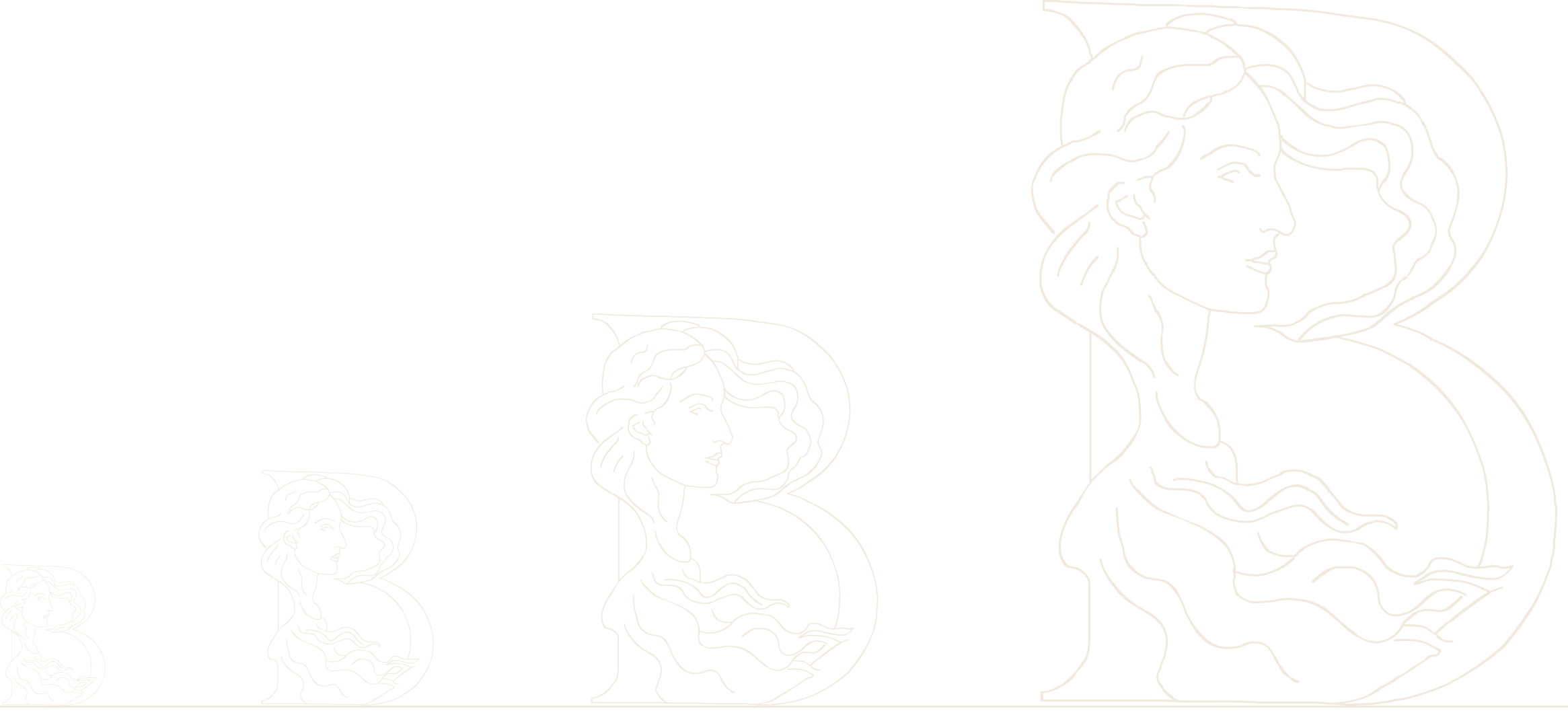 Four B's standing on one baseline at rising cap heights — 72, 120, 200 and 360 px. At 72 the counters have filled in and the face inside the bowl is a smudge; at 120 the letter reads but the hair has closed up; at 360 every strand of the drawing stands separate.