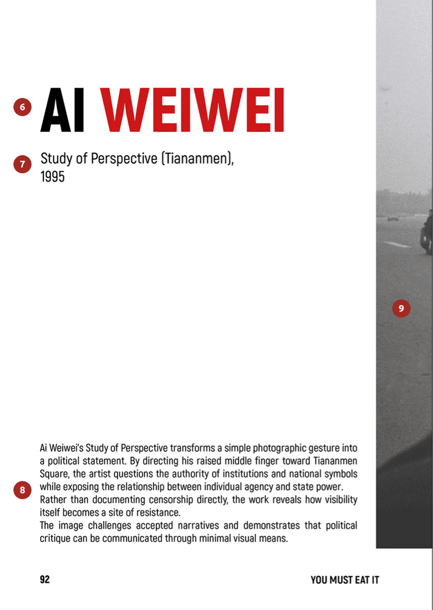 A single case-study page, page 92. AI is set very large in black with WEIWEI beside it in signal red, and beneath them the work title Study of Perspective (Tiananmen) with 1995 on its own line. The centre of the page is left empty. Four short paragraphs of analysis sit at the foot, and a black-and-white photograph of an open square under a flat grey sky runs down the outer edge and bleeds off it. The running foot reads 92 and YOU MUST EAT IT.