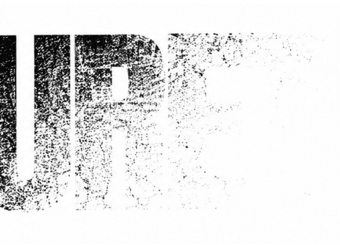 The same word further along: URE, solid black at the U, eroding through the R into speckle and stray flecks, and gone to bare paper before the E has finished. Nothing else is on the sheet.
