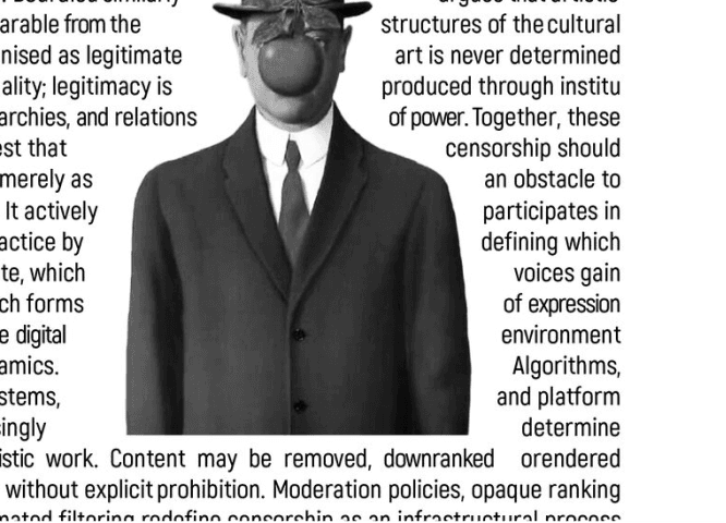 A black-and-white cutout of Magritte’s bowler-hatted man in a suit, an apple where his face should be, standing inside the text block. The justified lines re-flow down both sides of him, ragging against his shoulders, and close back to full measure beneath his feet.