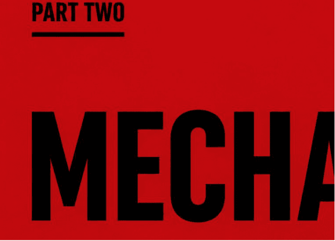 A part divider printed solid signal red. PART TWO is set small in black capitals at the top left above a heavy black rule, and MECHA, the opening of MECHANISMS, runs beneath in enormous black display capitals cropped by the edge of the page.