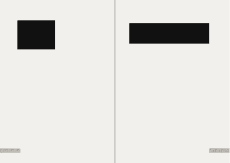 Schematic of a spread: cream ground, a hairline for the gutter, folio marks at the two outer corners. A small black block sits at the top left of the verso and a wider black bar runs across the head of the recto. Everything below them is empty.