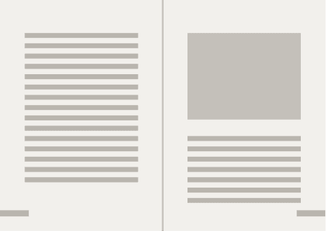Schematic of a text spread with a picture: the verso is a full column of grey body rules top to bottom, while the recto sets a grey image block across the upper half and resumes the body rules beneath it for the lower third.