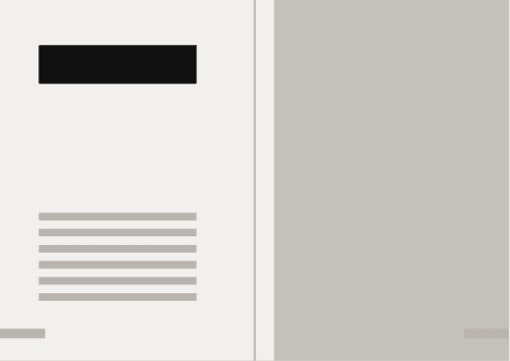 Schematic of an asymmetric spread: the verso holds a black bar at the top left, then a long empty middle, then a short block of grey body rules low on the page; the recto is a single grey image block bleeding off the head, the foot and the outer edge.