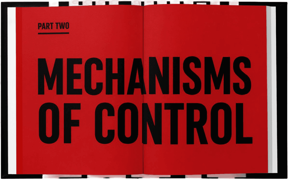 The book open at a part divider printed solid signal red across both pages. PART TWO is set small in black capitals at the top left above a heavy black rule, and MECHANISMS OF CONTROL runs beneath it in enormous black display capitals over two lines, crossing the gutter and cropped by the outer edge. Nothing else is on the spread — no folios, no running feet.
