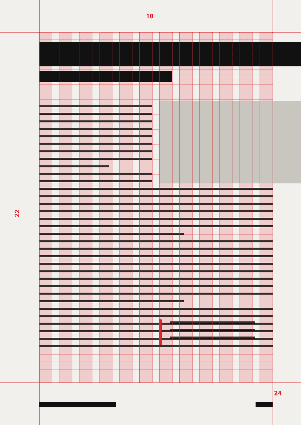 A single recto drawn as a diagram: the twelve columns tinted pink across the page, red lines ruled around the type area, and the margins labelled in red — 18 above the head, 22 down the inside edge, 24 at the foot. Inside the grid a solid black bar runs across the head and off the outer edge with a shorter bar under it; below them a grey image block bleeds off the outer edge while black rules standing for body lines set beside it and close back to full measure underneath. Near the foot three lines are indented beside a short red vertical rule. Two short black bars sit below the type area, at the outer and inner corners, for the running foot.